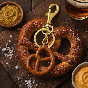 Caramel Pretzel Bag Charm Antique Gold Tone Alloy Keychain Purse Accessory Gift